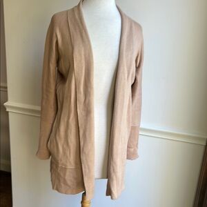 Max Studio Tan Women's Duster Cardigan Sweater Side slit Pockets Zipper Sleeve